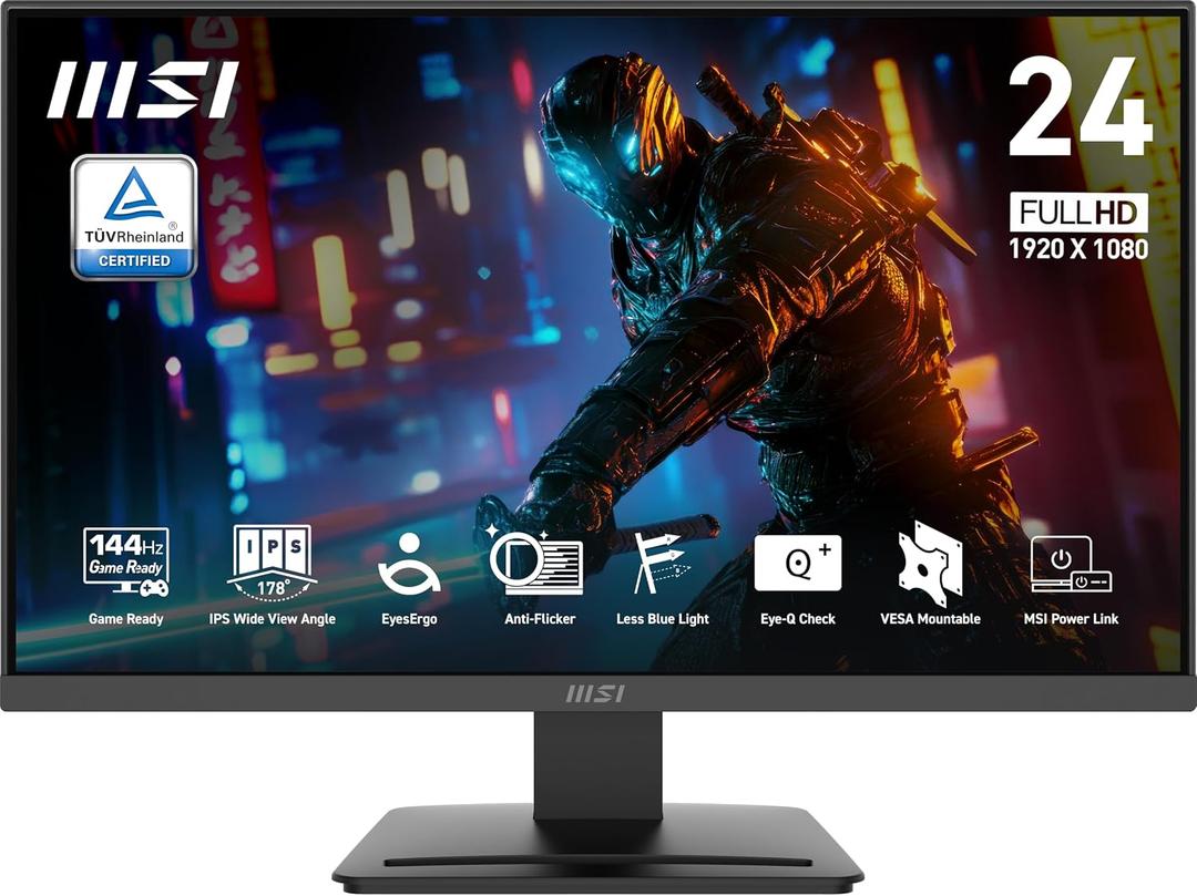 msi PRO MP243L E14 24-inch IPS 1920 x 1080 (FHD) Gaming Office Monitor, 144Hz, Free-Synch, HDR Ready, HDMI, VGA Port,VESA Mountable, Tilt, 4-Side Slim Bezel,1ms, Black