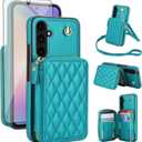 Phone Case for Samsung Galaxy A54 5G Wallet Cell Cover with Tempered Glass Screen Protector Wrist Crossbody Strap Stand RFID Blocking Credit Card Holder A545G A 54 54A 4G G5 SM A546U Women Girls Green