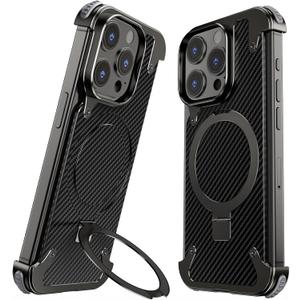 OATSBASF Frameless for iPhone 15 Pro Max Case, Bezel Less Metal Slim Protective Shock, Sleek Minimalist Protective Shock Absorption Aerospace Grade Aluminum Shells with Built-in Kickstand Phone Case (Black+Striped Backboard)