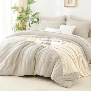 CozyLux Queen Comforter Set Beige - 7 Pieces Striped Seersucker Bed in a Bag, Soft Lightweight Boho Bedding Set with All Season Comforters Queen Size, Sheets, Pillowcases & Shams