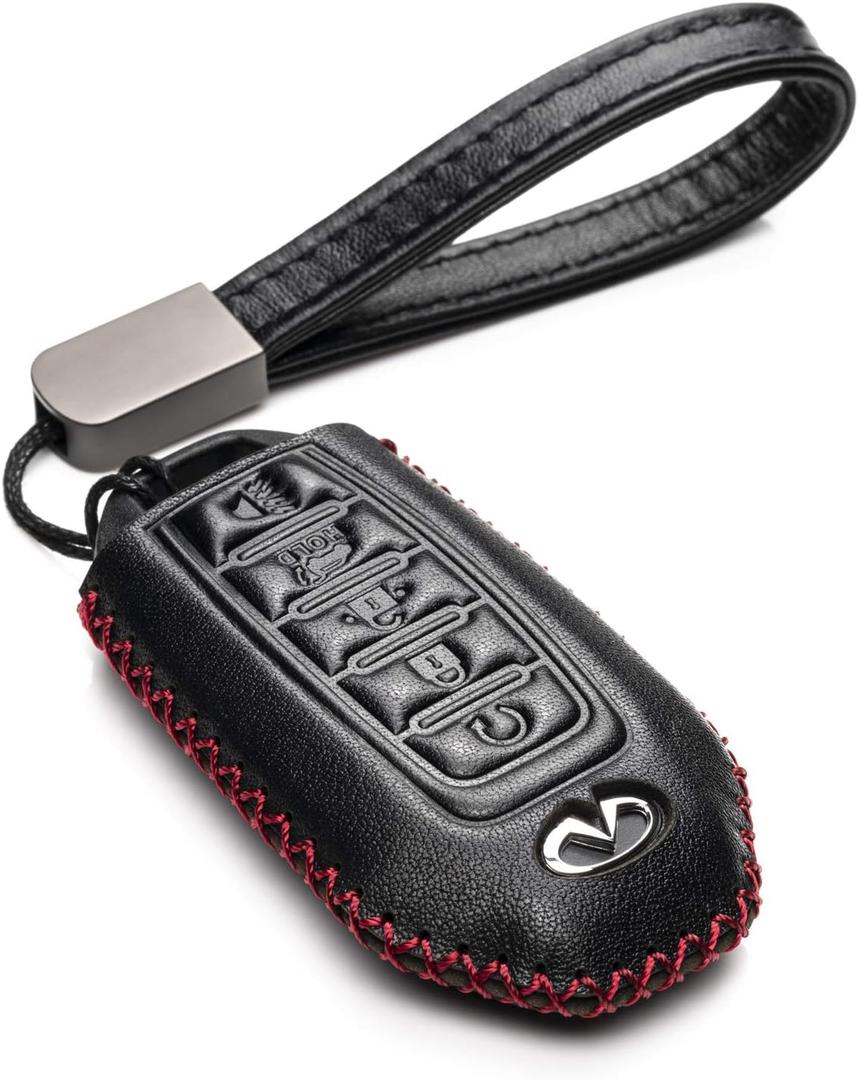 Vitodeco Leather Smart Key Fob Case Cover Protector Compatible for Infiniti QX50, QX55, QX60, Q50 (2018-2026 Models) - 5-Button, Black/Red