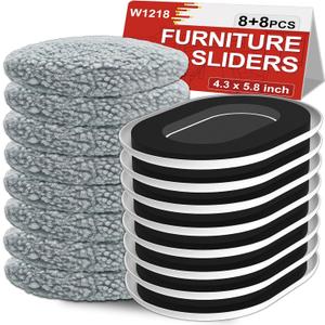 New Upgrade Furniture Movers Sliders, 8+8 Pack 5.8 * 4.3" Multi-Surface Furniture Sliders with Groove Design, Oval 8PCS Moving Pads and 8 Hardwood Socks, Protect Floor and Easily Move Furniture