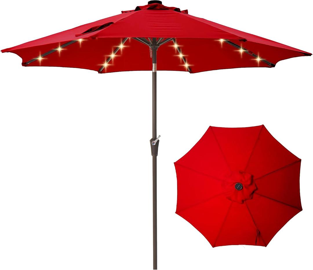 9FT Solar-Powered LED Patio Umbrella with Tilt Crank,Outdoor Market Umbrella with 32 Lights, Sunshade for Deck, Garden and Pool