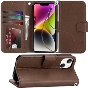 Arae Compatible with iPhone 14 Case with Card Holder and Wrist Strap Wallet Flip Cover for iPhone 14 6.1 inch Men/Women, Kickstand, Wristlet, RFID Blocking,Litchi Black