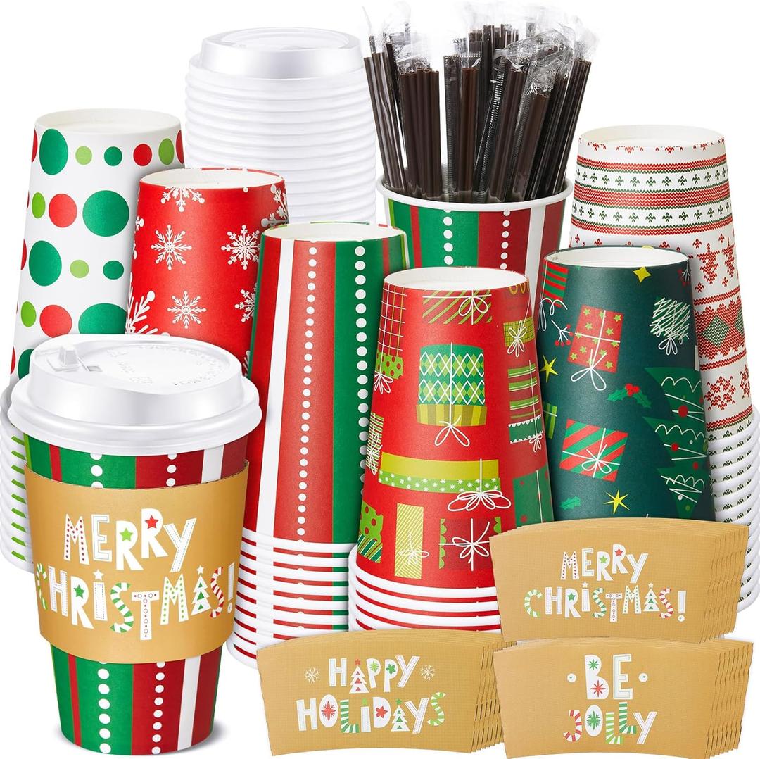 60 Sets Christmas Disposable Party Coffee Cups with Lids and Sleeves Stirrers, Xmas Tree Snow Gift Hot Cocoa Paper Cups for Winter Party Supplies(christmas, 12 Oz)
