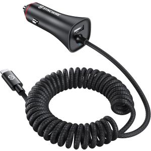 [Apple MFi Certified] Syncwire iPhone Car Charger 32W Super Fast Car Phone Charger Cigarette Lighter USB Car Adapter with Build-in 5FT Coiled Lightning Cable for Apple iPhone 14/13/12/11/XR/Max, iPad