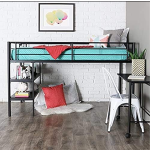 Walker Edison Metal Black Twin Low Loft Bunk Floating Bed Kids Bedroom Storage Guard Rail Ladder Bedframe