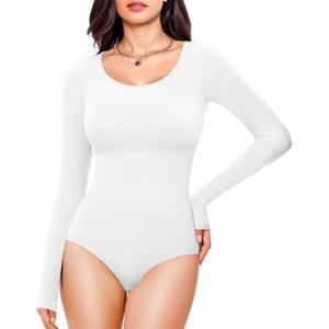 Nebility Long Sleeve Bodysuit for Women Tummy Control Crew Neck Body Suits Tops Slim Fit Size M