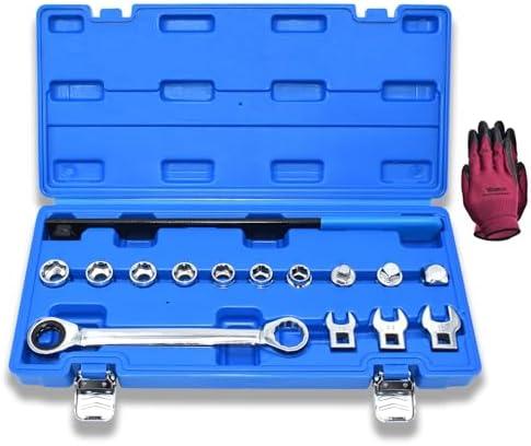 Yuesstloo 15pcs Universal Ratcheting Serpentine Belt Tool Set, Serpentine Belt Removal Installation Tensioner Kit with Ratcheting Wrench, Crowfoot Wrenches, Socket Adapters, 6-Point Sockets, Blue Case
