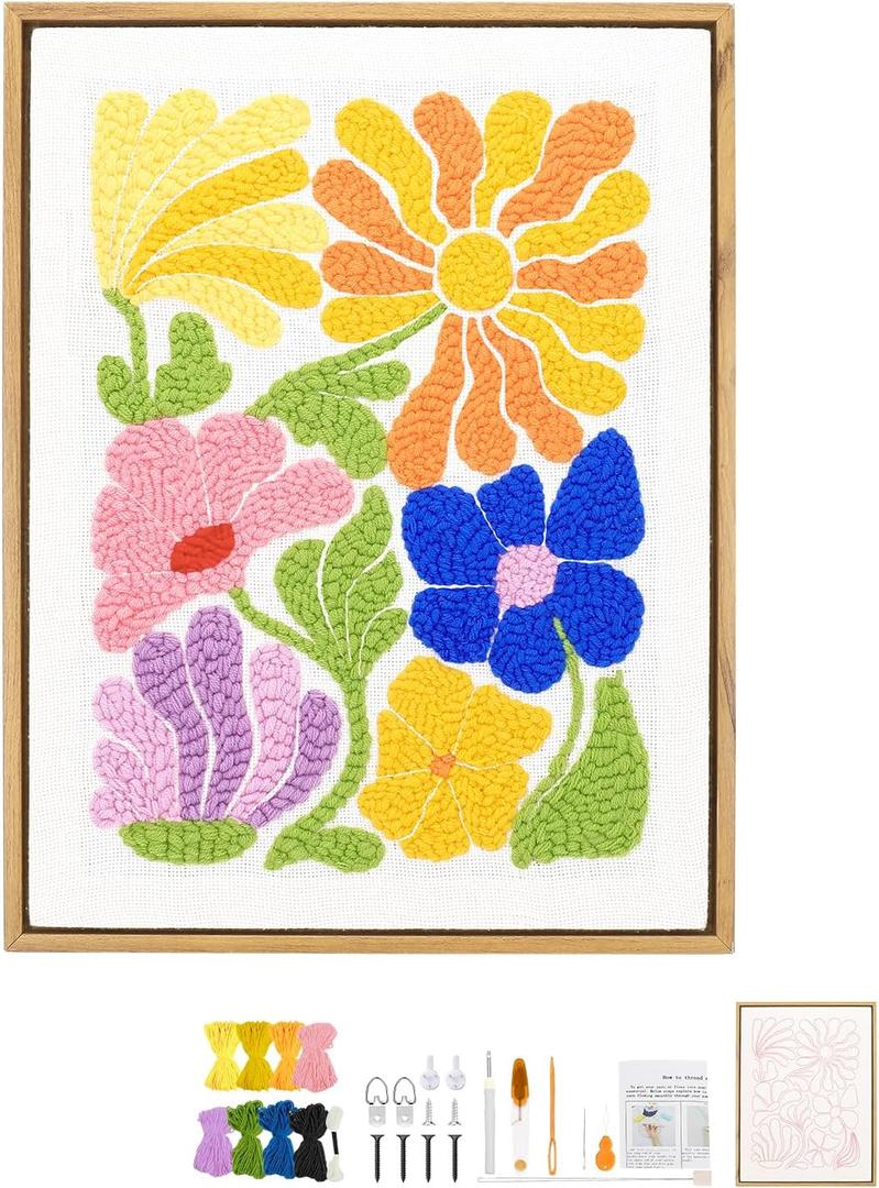 Acelist 16 Inch Punch Needle Kit with Frame, Easy Punch Embroidery Kits for Beginners, Adults & Kids Craft Kits, Picture Frame as Home Wall Dcor, Pattern Fabric,Threader, Yarns, Hoops & Rug Punch