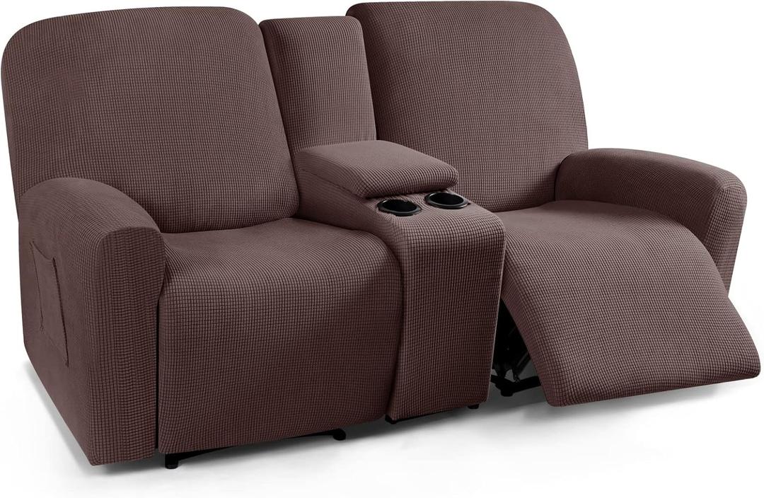TAOCOCO Recliner Loveseat Cover with Middle Console Sofa slipcover, Stretch Reclining Sofa Covers for 2 Seat Slipcovers, Jacquard Pattern Soft Loveseat Slipcover Furniture Protector, Dark Brown (2 Seat with Console)