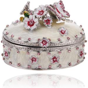 Hand Painted Trinket Box for Home Decor, Hinged Enameled Jewelry Box for Ring Earrings Jewelry Organizer, Unique Vintage Bejeweled Storage Figurine Collectible Keepsake (Flower with Butterfly)