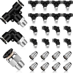 Zhengmy 24 Pcs Push to Connect Tube Fittings 1/4 Inch OD x 1/8 NPT Pneumatic Kit Male Thread Straight Quick Release Connectors Air Connectors, 8 Straight, Elbow, Brunch Tee