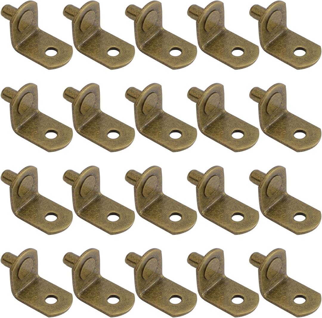 Shelf Support, 50 Pack 5mm L-Shaped Support Metal Bracket Style Shelf Pegs Pins with Hole for Furniture Cabinet Kitchen Bookcase - Antique Brass(5 x 8mm)