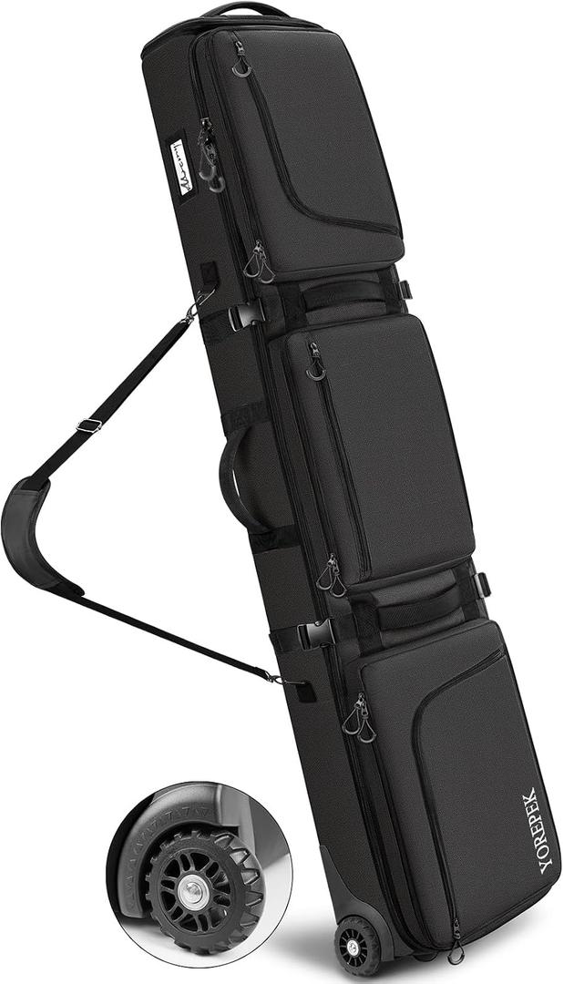 YOREPEK Padded Snowboard Bag with Wheels, Extendable Ski Bags for Air Travel Length up to 175cm, Multi-Compartment Snowboard Backpack with 6 Pockets for Ski Boots(up to US Size 13), Ski Gear, Black, 64.96-69*13.39*8.27inch165-175*34*21cm