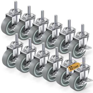 HOLKIE Caster Wheels 3 inch Locking Casters Set of 12, Threaded Stem 3/8" -16 x 1-1/2" (Diameter 3/8", Length 1-1/2") Swivel Heavy Duty Castors Gray