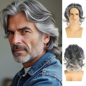 Mens Short Wavy Grey Wig Synthetic Layered Cosplay Costume Party Wigs