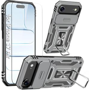 Shockproof Phone Case Compatible with iPhone 17 Air Case with Kickstand & HD Screen Protector & with Camera Cover Dual-Layer Military-Grade Drop Protection Phone Case (Gray)