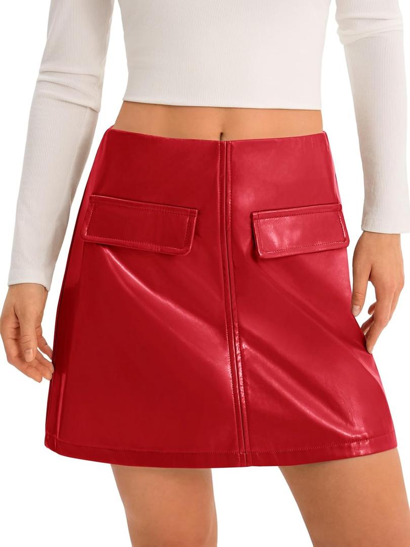 Yousify Womens Faux Leather Mini Skirts High Waisted A-Line Fall Short Skirt with Pockets (Red)