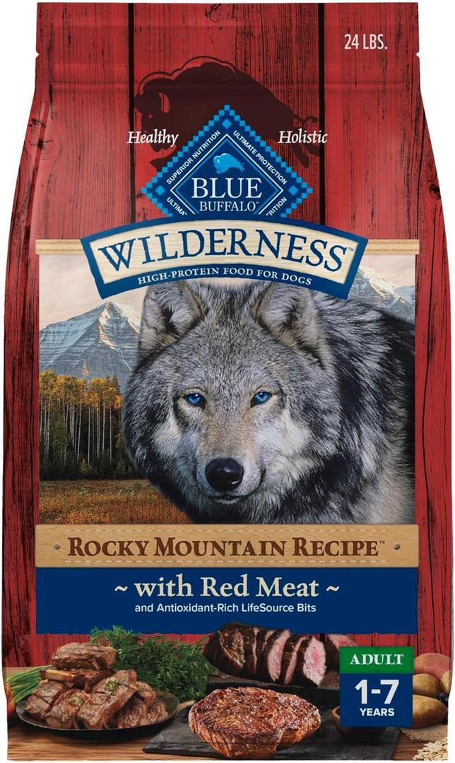 Blue Buffalo Wilderness Rocky Mountain High-Protein Adult Dry Dog Food Wholesome Grains Red Meat, 24lb. Bag (EXP 10/05/27)