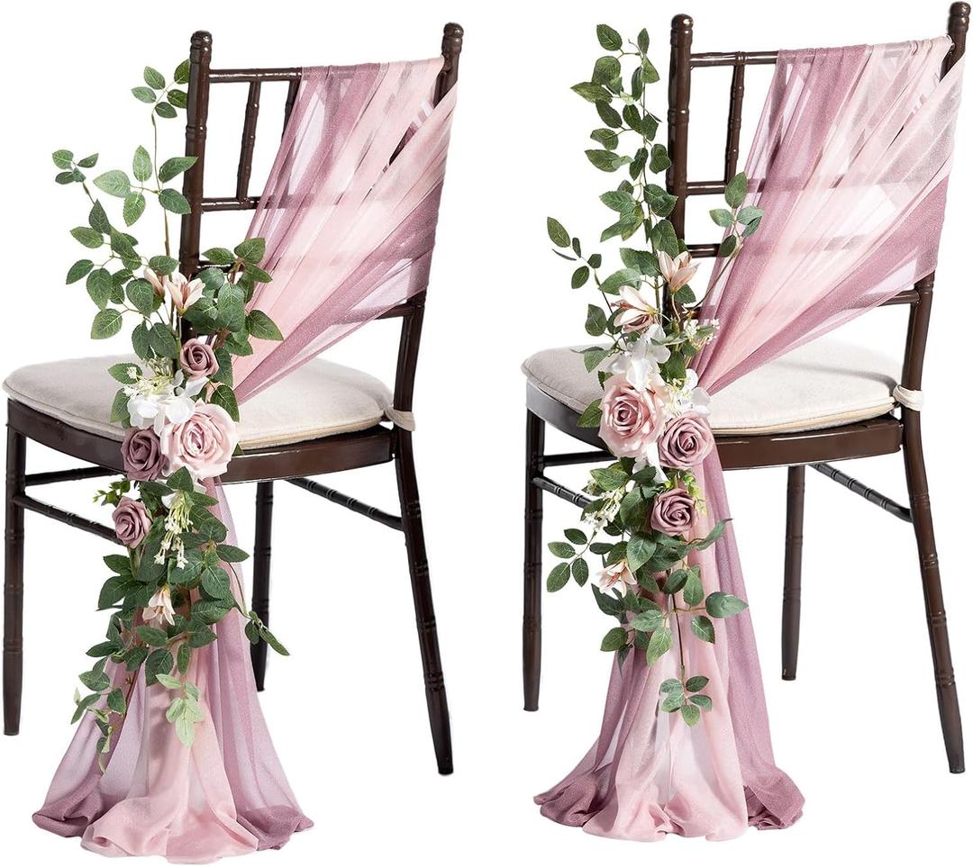 Ling's moment 8 Wedding Chair Decorations Aisle Pew Church Artificial Flower Greenery Swag Dusty Rose Pink Cream Bench Ceremony Reception Floral Faux Backdrop Rose Arrangements Party Outdoor Sashes