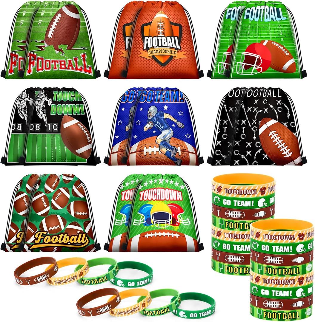 Sadnyy 32 Pcs Football Party Favors Set Include 16 Drawstring Goodie Bags 16 Silicone Bracelets Wristband Snack Treat Candy Bags for Birthday Party Team Valentines Gift Stuffers Supplies