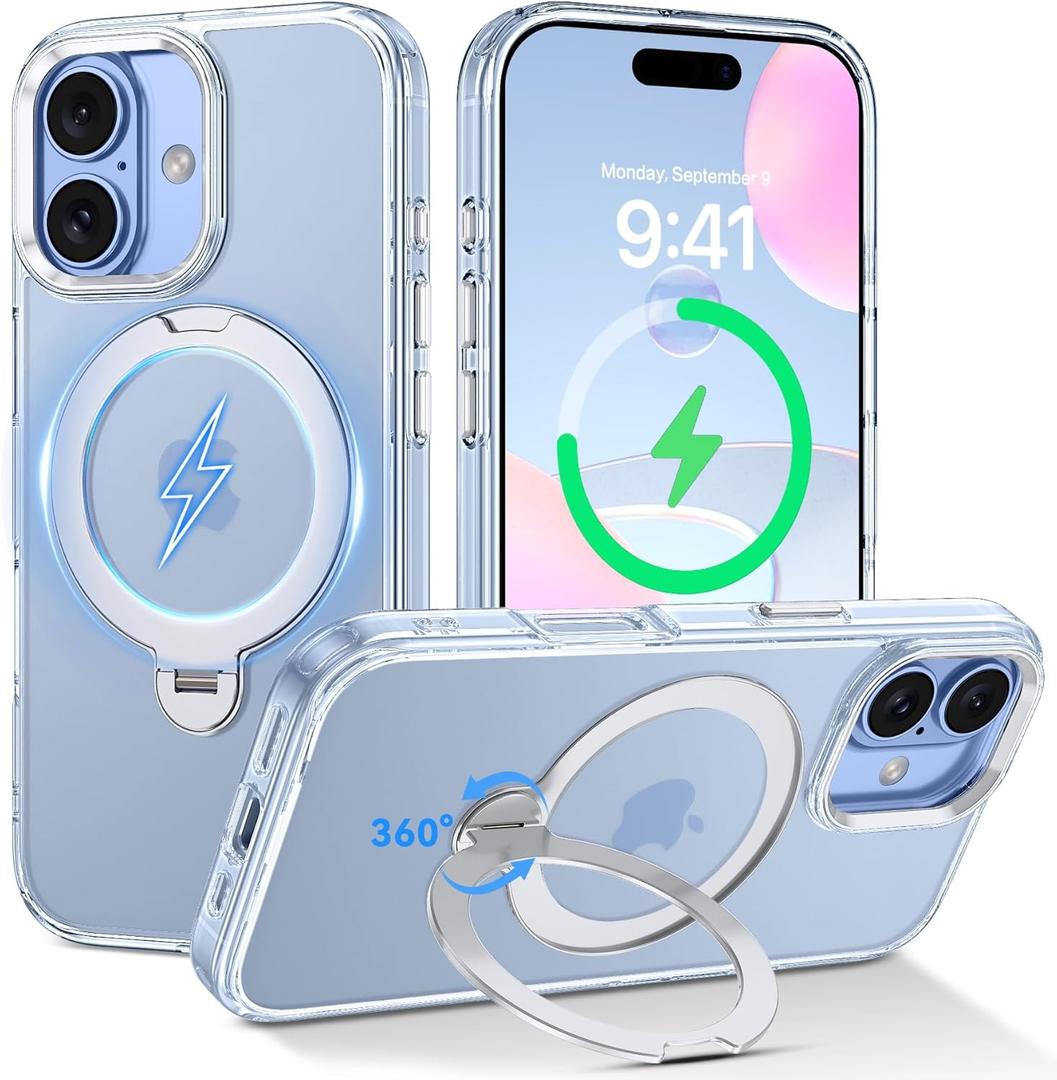DUEDUE for iPhone 17 Case with 360Spin Magnetic Stand[Compatible with MagSafe][Rotatable Ring Holder], Transparent Cover Anti-Yellowing Protection Cases for iPhone 17 6.3", Clear