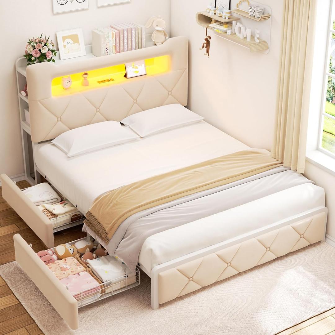Queen Upholstered LED Bed Frame with 2 Storage Drawers and 2-Tier Storage Headboard,Velvet Princess Platform Bed with Charging Station&Bookcase,Heavy Duty Metal Support,No Box Spring Needed,Beige