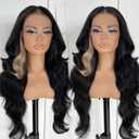 Skunk Stripe Wig Glueless Lace Front Wigs Pre Plucked Synthetic Body Wave Black And Blonde Wig Wear And Go Lace Front Wig For Women (13x4.5x1 T Part)