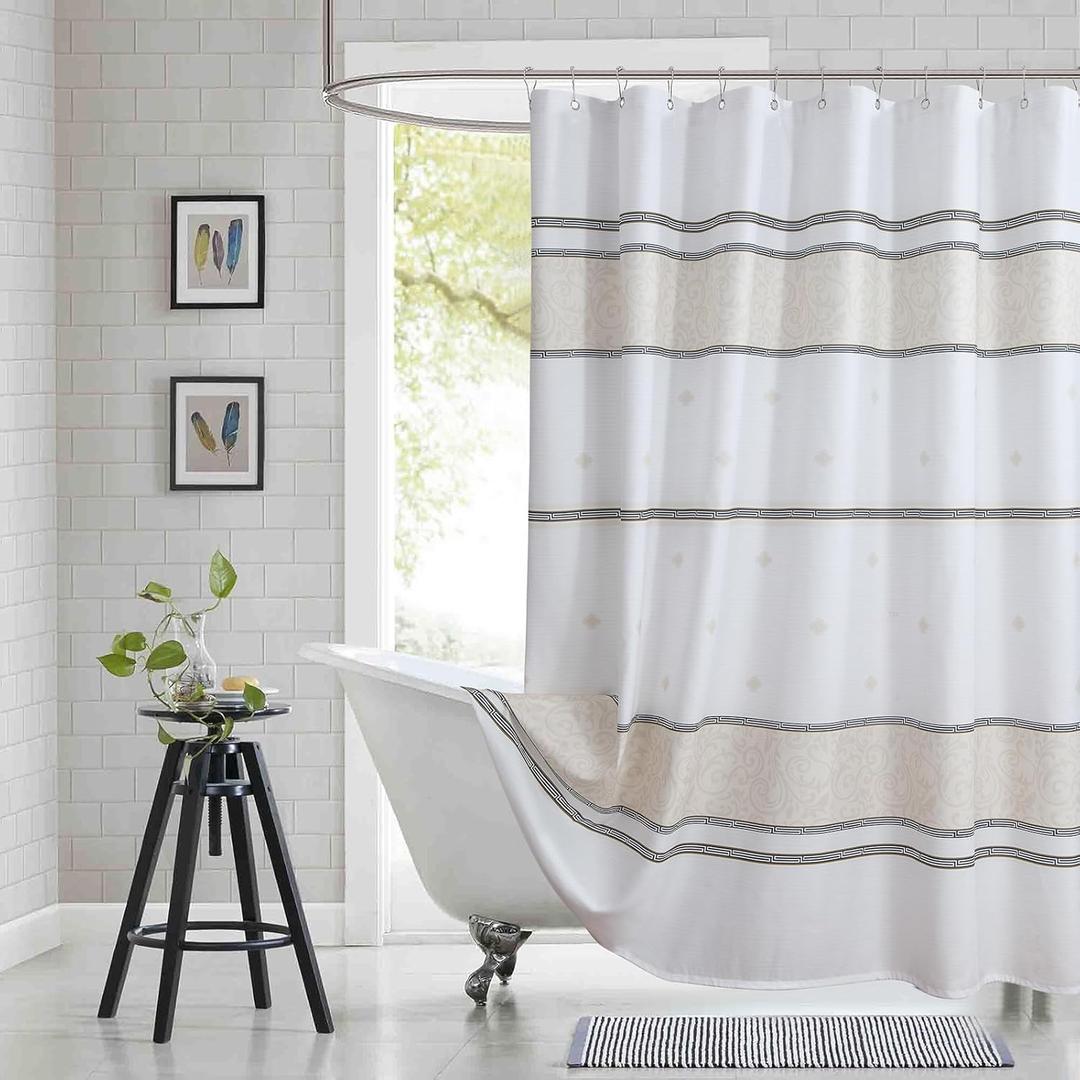 Fabric Shower Curtain, 78 Inch Long White Cream Black Print Waterproof Shower Curtains for Bathroom, 72" W x 78" H