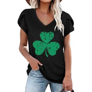 Roshop St Patricks Day Shirt Women Petal Sleeve V Neck Lucky Clover Irish Shamrock Shirts (Large, Black Kelly Green Three)