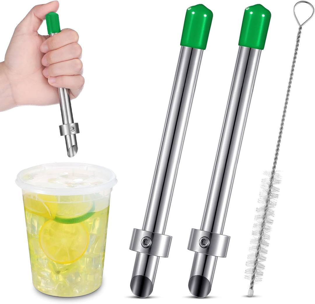 Lasnten 2 Pack Straw Puncher for Plastic Lids Lemonade Cups, Stainless Steel Straw Hole Puncher Punching Tools for Cafe Drinks Deli Container Squeezed Fresh Lemonade Stand Supplies(6.3 Inch,Green)