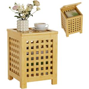 Bamboo End Table with Removable Cushion and Hidden Storage, 2-in-1 Ottoman Side Table with Breathable Grid Design for Small Space, Living Room, Bedroom, Balcony, Entryway