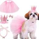 Dog Birthday Outfit Pink Tutu Dogs Birthday Party Supplies Dog Birthday Hat Necklace and Bowtie Hairpin for Dogs (16-23 inch Wrist)