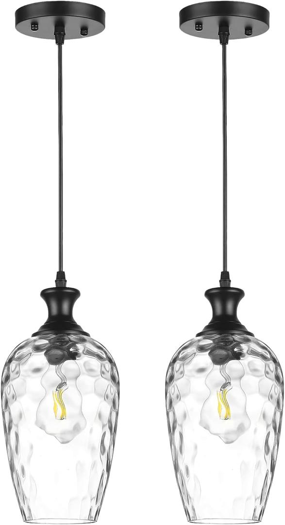 2Pcs Glass Pendant Lights Kitchen Island, 1-Light Black Pendant Light Fixtures with Hand-Blown Clear Glass, Farmhouse Hanging Light for Kitchen Sink Dining Room Bedroom, E26