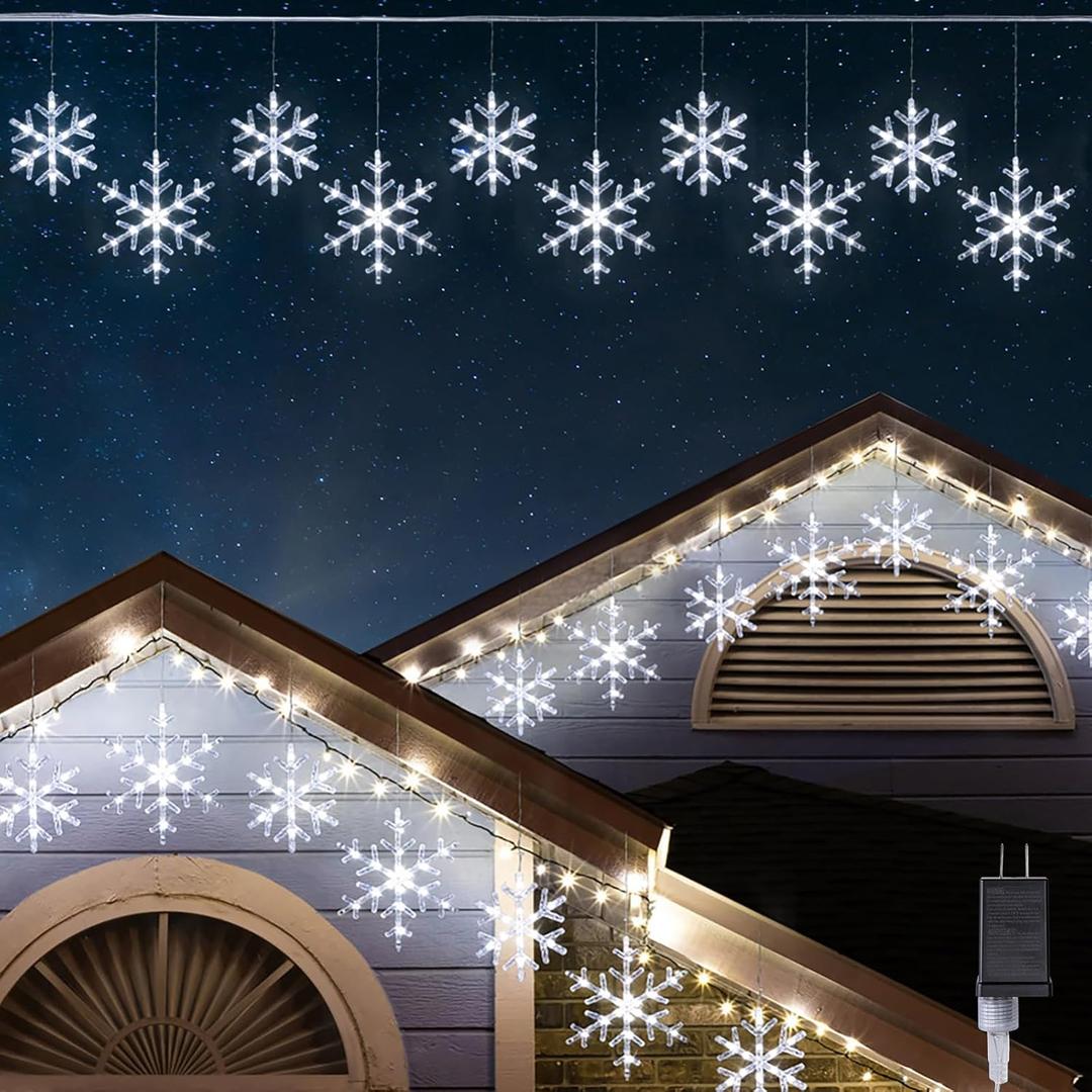 Christmas Snowflake Lights with 10 Drops, 9ft 150 LED Twinkling Cool White Icicle Christmas Lights, Waterproof Connectable Hanging for Indoor Outdoor Eaves Window Curtain Porch Xmas Dcoration