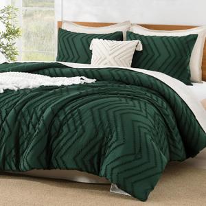 Litanika California King Comforter Set Dark Emerald Green, 3 Pieces Cal King Oversized Chevron Boho Tufted Forest Green Bedding Comforter Sets, Fluffy Bed Set