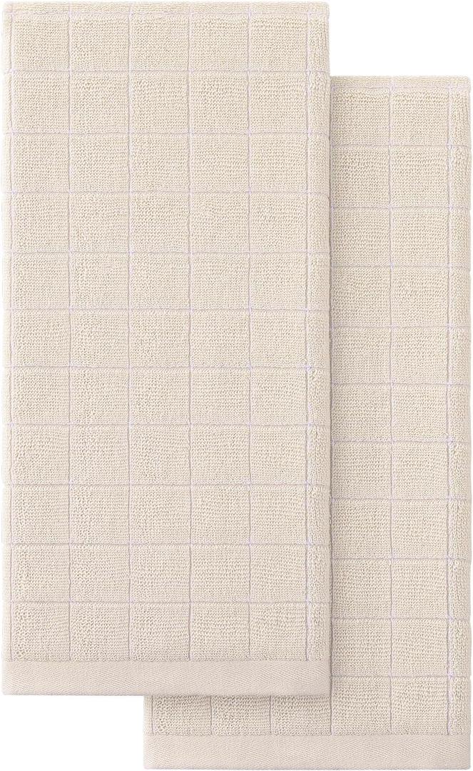 Homaxy 100% Cotton Terry Kitchen Towels(Beige, 13 x 28 inches), Checkered Designed, Soft and Super Absorbent Dish Towels, 2 Pack