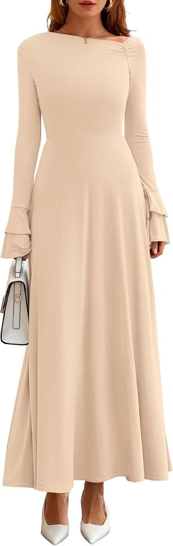 PRETTYGARDEN Womens Dresses Formal Off The Shoulder Long Sleeve Ruched Knit A-Line Maxi Wedding Guest Dress Fall Clothes (Beige, L)