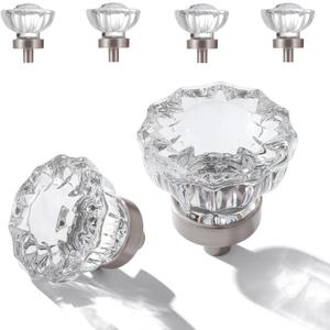 Crystal Cabinet Knobs Clear Glass Pulls for Kitchen Bedroom Bathroom Living Room Furniture, Brushed Nickel Silver Base Old Style Cabinets Closet Dresser Drawers Cupboard Accessories 4 Pack