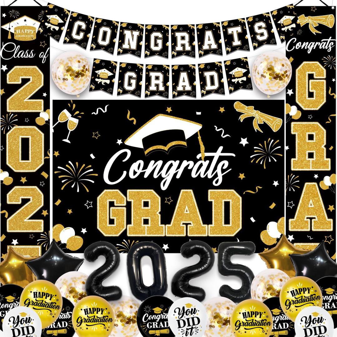 Gold Graduation Party Decorations Set - Class of 2025, Includes Congrats Grad Banner, Backdrop, 2025 Foil Balloons, Latex Balloons & More