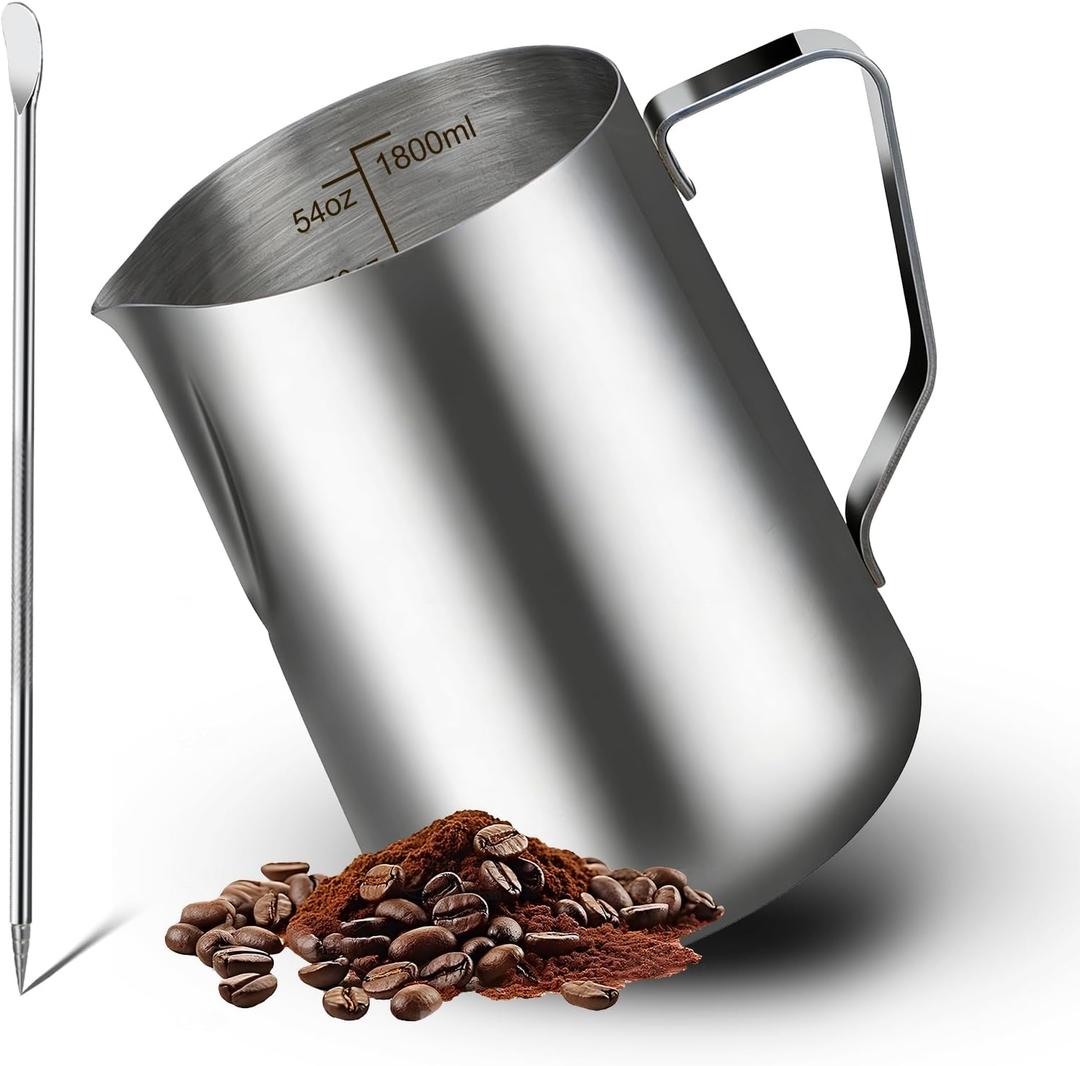 KBTOPS Milk Frothing Pitcher, 60oz/1.8L Stainless Steel Frother Cup With Clear Scale & Latte Art Pen, Large Capacity Pitcher For Cafes & Commercial Use, Ideal For Espresso Machines, Milk Steaming