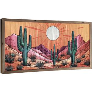 flangairy Cactus Wall Art Crafts String Picture With Wood Framed, 23.6x11.8 Inch Arizona Desert Landscape Wall Decor, Boho Western Aztec Living Room Bathroom Bedroom Southwestern Home Decorations