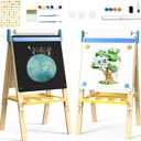 Art Easel for Kids 12 in 1 with Chalkboard & Magnetic Whiteboard - Height Adjustable, Frameless Design, Includes Paints, Brushes, Markers, Chalk, Eraser, Magnetic Letters, Paper Roll, and Storage Tray