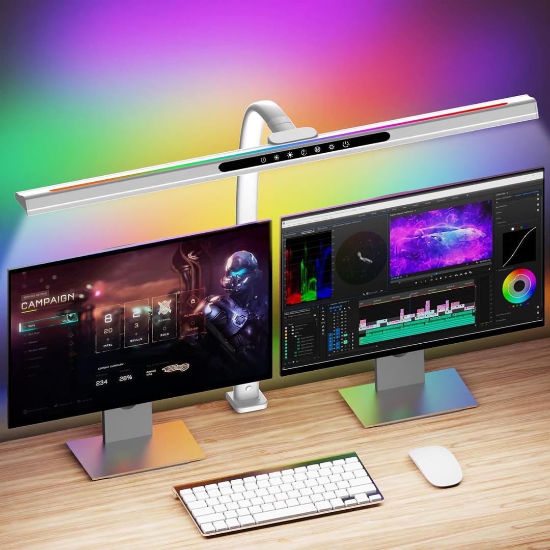 LED Desk Lamp with RGB Backlight, 24W Ultra Bright Architect Workbench Desk Lamps, 60" Timer, 25 Lighting Modes,Eye Protection Clamp Light for Home Office Gaming Reading Working(White)