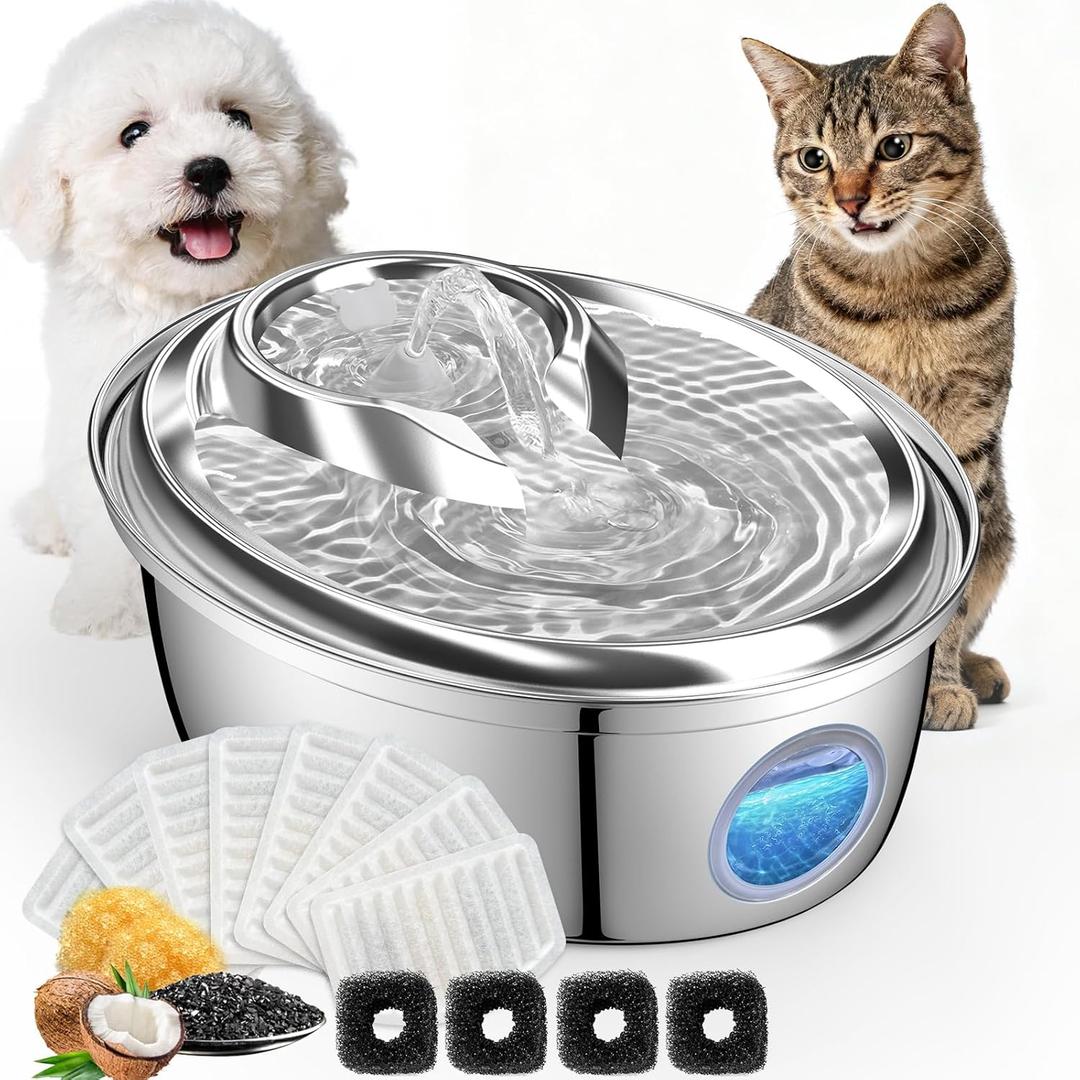 ORSDA Stainless Steel Cat Water Fountain, 100oz/3L Automatic Pet Drinking Fountain, Dog Water Dispenser Bowl with LED Window for Cats and Small & Medium Dogs- 12Pcs Filters D66