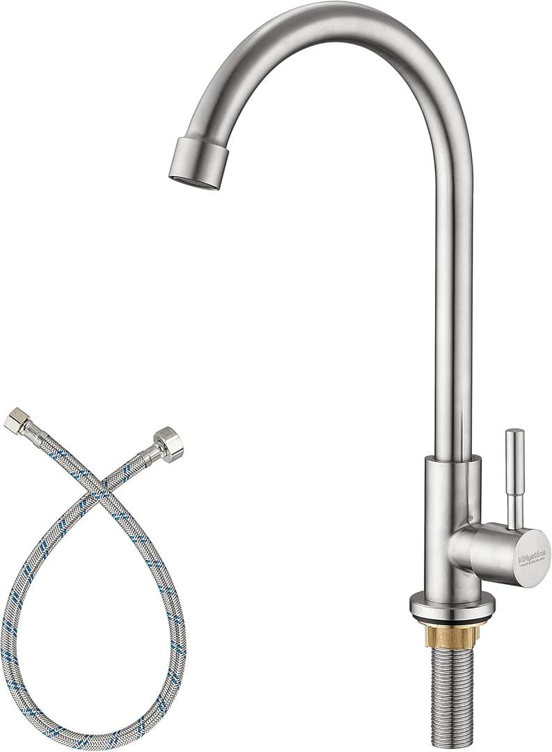 Cold Water Only Kitchen Faucet, Solid Stainless Steel Bar Deck Mount Cold Faucet for Outdoor Sink with Supply Line