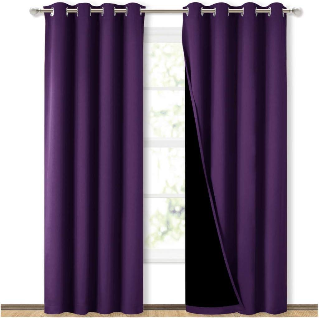 NICETOWN 100% Blackout Curtains with Black Liner Backing, Thermal Insulated Curtains for Living Room, Noise Reducing Drapes, Royal Purple, 52 inches Wide x 84 inches Long Per Panel, Set of 2 Panels