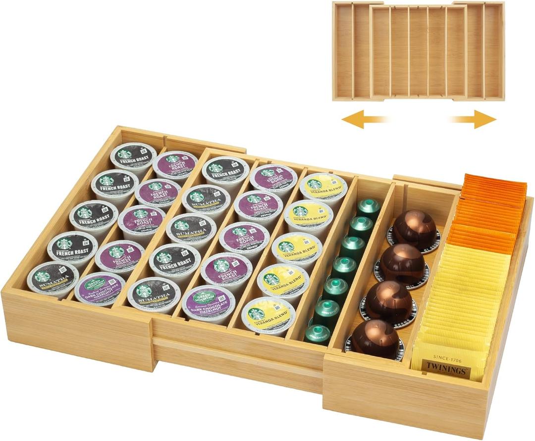 MinBoo Bamboo K Cup Holder for Drawer or Countertop Coffee Pod Holder Expandable K Cup Pod Storage Tea bag organizer K Cup Storage for Coffee Station Home Office and Kitchen (Natural)