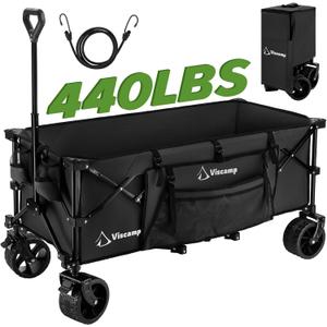 Viscamp 48''L Wagons Carts Foldable, Beach Wagon 440Lbs Collapsible Wagon Black Heavy Duty Wagon Camping Wagon Garden Cart Carts with Wheels and Elastic Rope Wagon for Shopping Camping and Storage